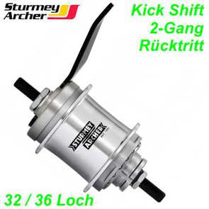 2-Gang Nabe Sturmey Archer Kick Shift 32/36 Loch silber mit Rcktrittbremse Fhrrad Velo Bike Ersatzteile